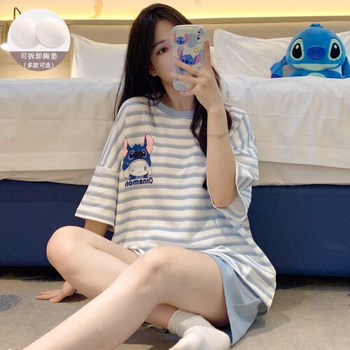 可爱三眼仔！带胸垫纯棉睡衣女