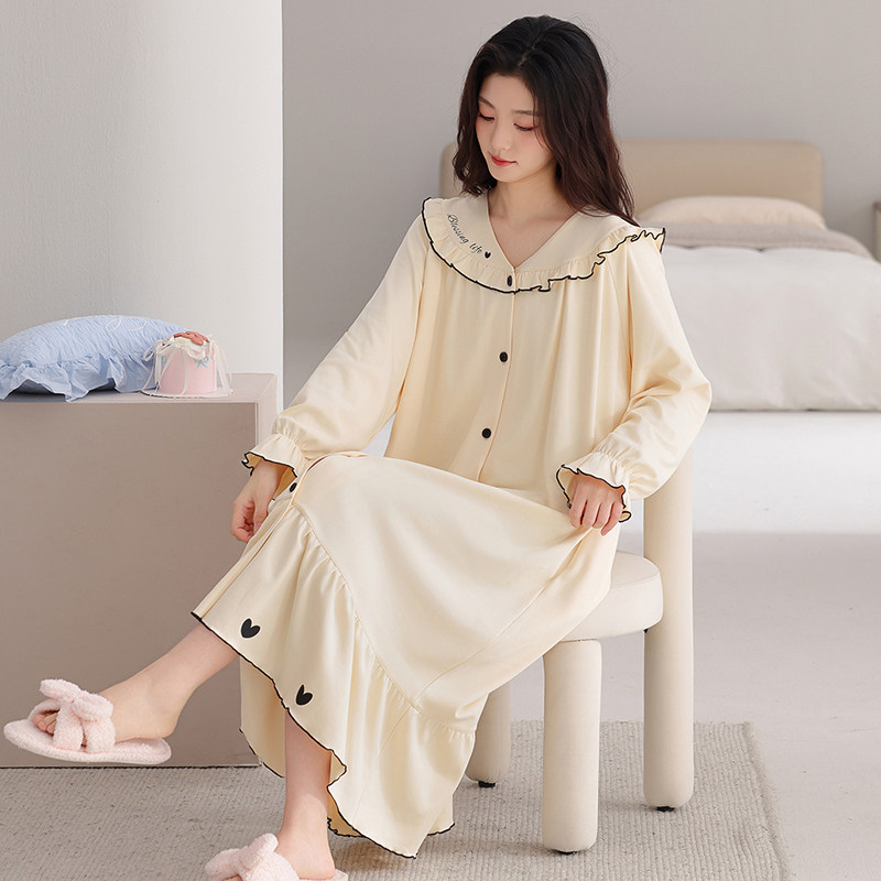 晚眠带胸垫纯棉睡裙女款春秋季长袖大码2026年新款全棉睡衣公主风