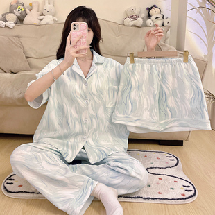 大码 带胸垫纯棉2026年新款 家居服高级感 短袖 晚眠三件套睡衣女夏季