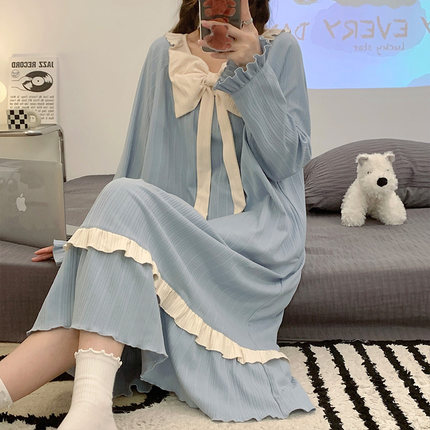 带胸垫睡裙女春秋季纯棉长袖可爱公主风孕妇网红大码睡衣宽松冬款