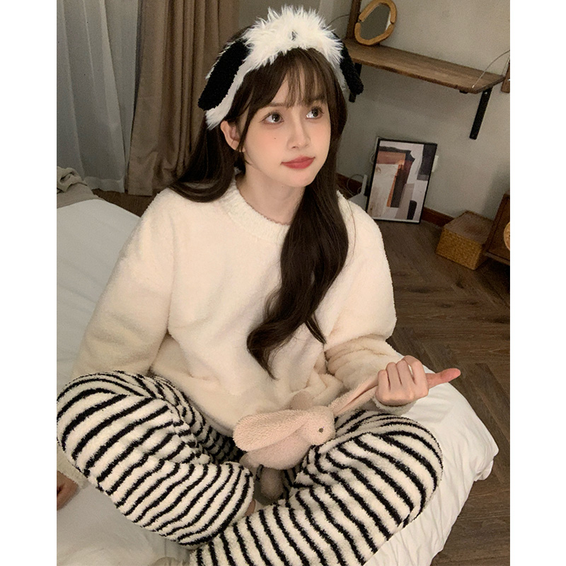 晚眠半边绒睡衣女款秋冬季加绒加厚2025年新款珊瑚绒家居服冬天