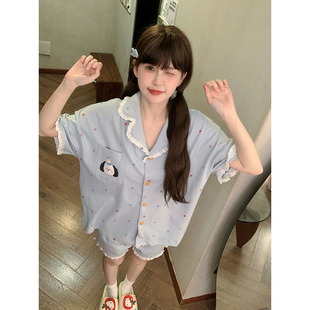 夏季 夏天可爱少女两件套装 短袖 大码 家居服 短裤 晚眠带胸垫睡衣女款