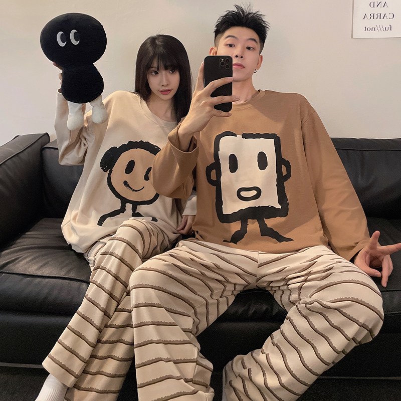 晚眠2025年新款卡通情侣睡衣女春秋季带胸垫长袖男士高级感家居服