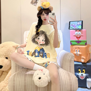 夏季 夏天家居服套装 短袖 可爱2026年新款 短裤 晚眠带胸垫睡衣女款