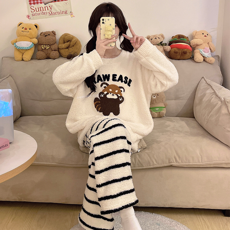 晚眠半边绒睡衣女款秋冬季加绒加厚2025年新款珊瑚绒家居服冬天