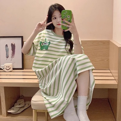 晚眠带胸垫睡裙女夏季纯棉短袖条纹可爱2024年新款睡衣一体夏天