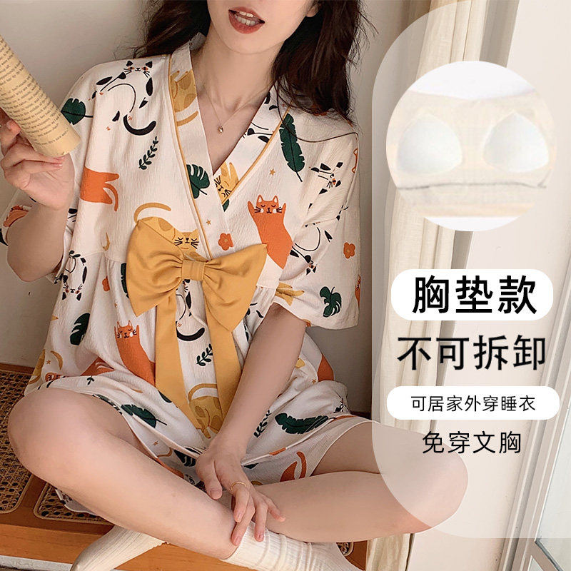 晚眠女纯棉带胸垫睡衣夏季薄款图片