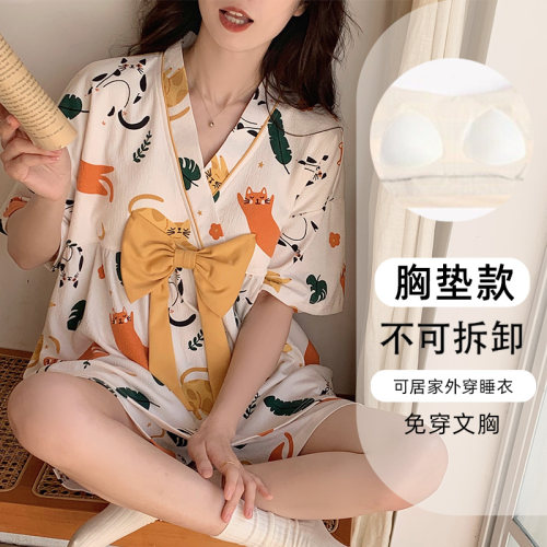 晚眠女纯棉带胸垫睡衣夏季薄款
