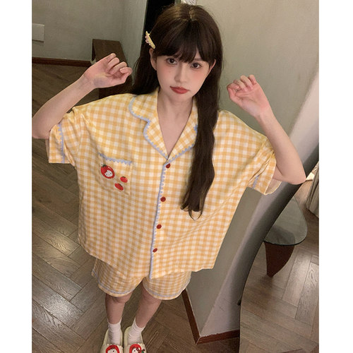 晚眠带胸垫睡衣女夏季短袖短裤薄款格子2026年新款夏天大码家居服