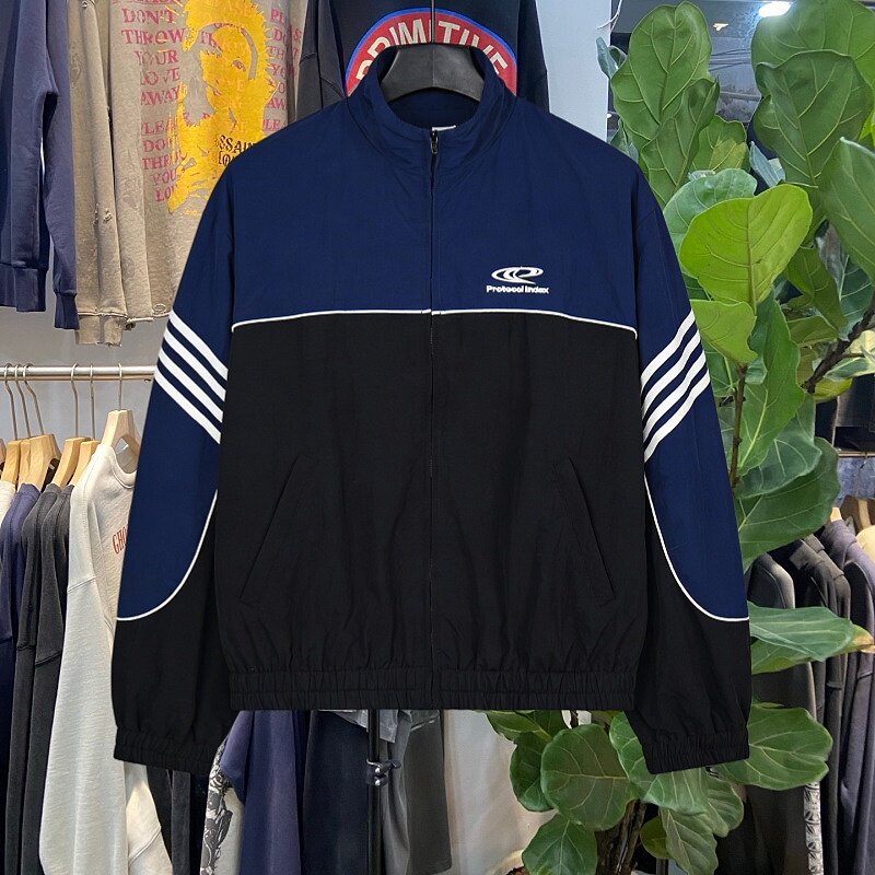 档口实拍 美式复古运动风立领拼色条纹夹克宽松拉链拼接外套潮牌