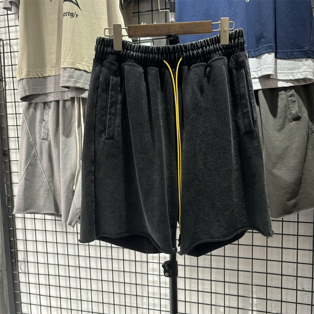 高街kanye同款美式宽松嘻哈卷边做旧水洗抽绳短裤男女情侣休闲裤