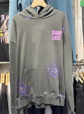 档口实拍SSSAINT LOUIS泼墨水洗做旧字母Logo印花连帽套头卫衣潮