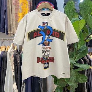 档口实拍 美式复古高街风32数字印花短袖T恤男女做旧宽松摇滚上衣