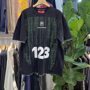 档口实拍 美式复古123数字印花短袖T恤男女圆领宽松破洞潮牌上衣