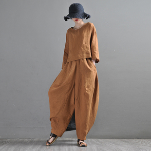 两件搭配套装 灯笼裤 女 砂洗纯亚麻圆领套头衬衫 易见2024春夏新款
