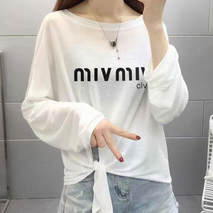 韩版 2025夏季 薄款 t恤女上衣防晒衫 下摆打结 针织百搭宽松显瘦长袖