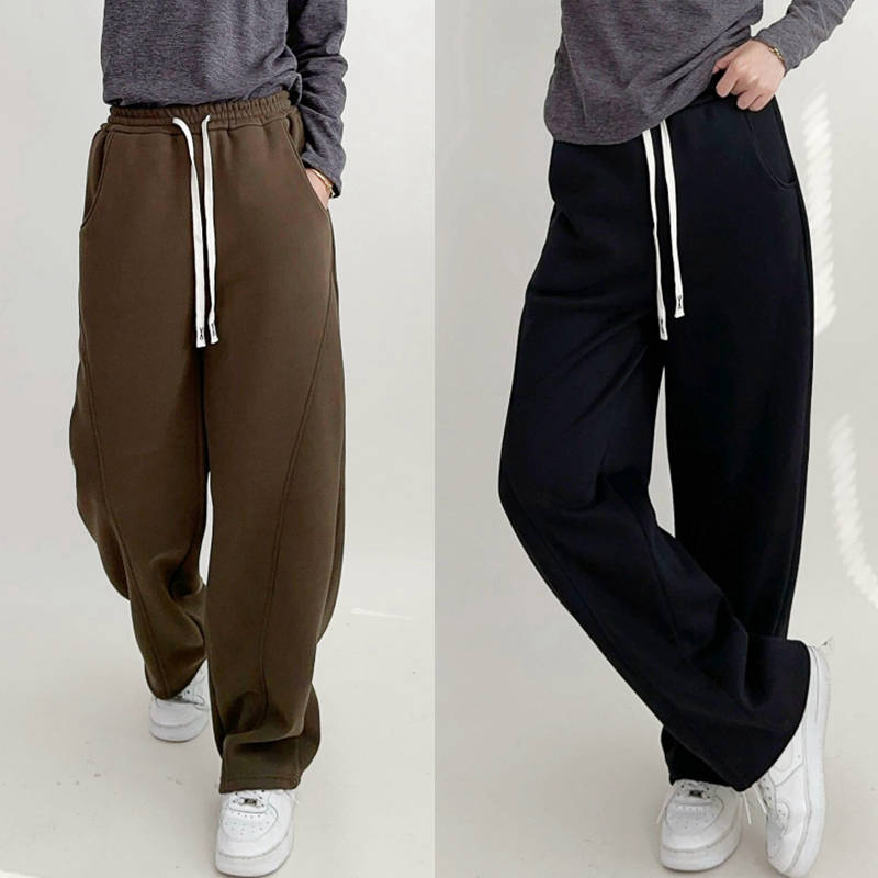 秋冬季日系加绒阔腿裤大码卫裤保暖休闲裤加厚运动裤显瘦高腰女裤