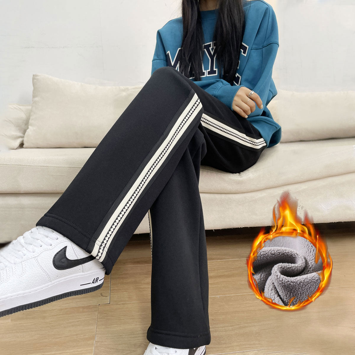 女士冬季加绒加厚纯棉运动裤大码