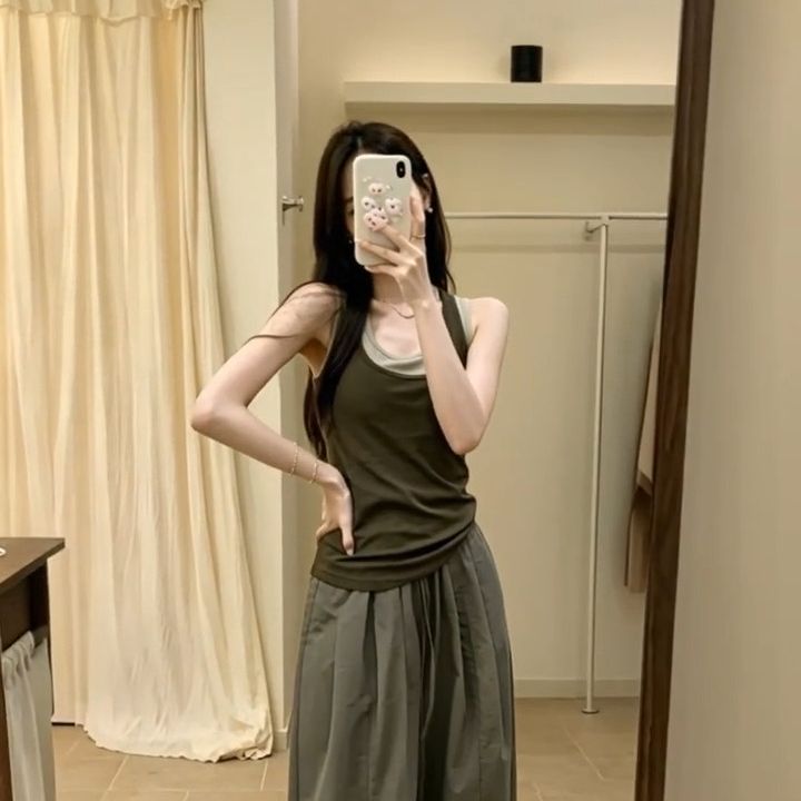 韩版军绿假两件显瘦吊带背心女