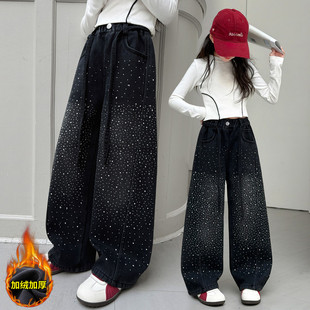 女童满天星烫钻弯刀裤冬季加绒加厚黑色牛仔长裤韩版时尚
