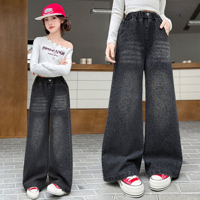 女童黑色牛仔阔腿裤中大童宽松直筒长裤休闲裤子