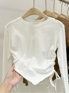 儿童纯棉长袖t恤外穿女童短款抽绳修身上衣服白色打底衫内搭秋冬