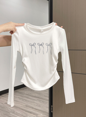 女童纯棉长袖t恤春秋装短款辣妹装儿童修身打底衫内搭外穿白上衣