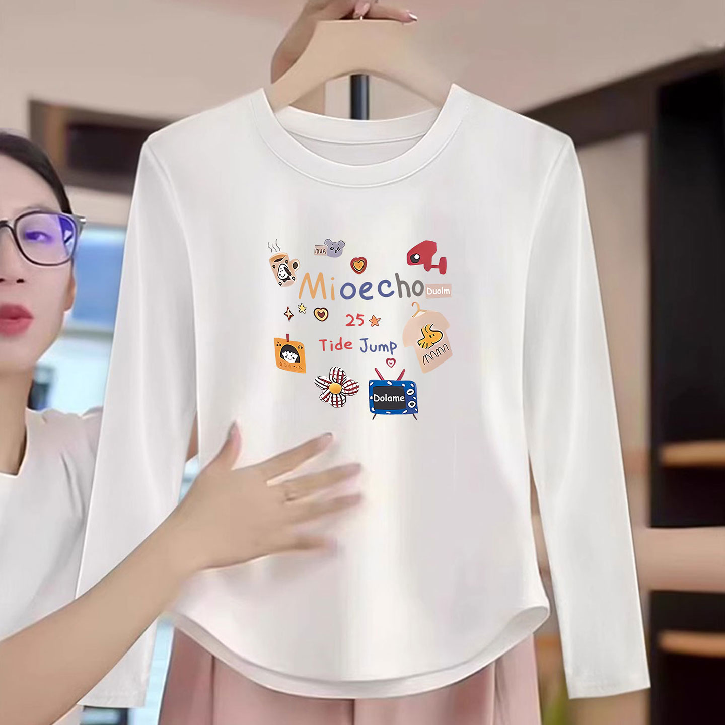 女大童纯棉白色T恤长袖秋装儿童弧形下摆内搭秋衣修身打底衫上衣