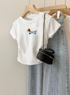 女童白色纯棉短袖t恤夏款2025新款夏季儿童腊肠狗褶皱短款上衣服