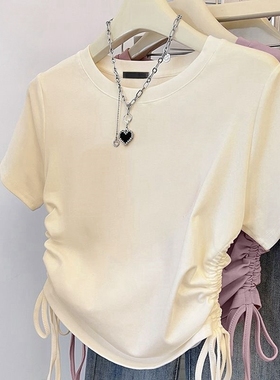 女童短款高腰短袖t恤纯棉夏装2025新款儿童褶皱修身正肩抽绳上衣