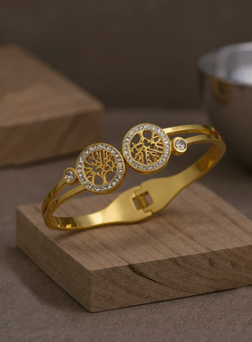 金色生命之树开口钛钢手镯