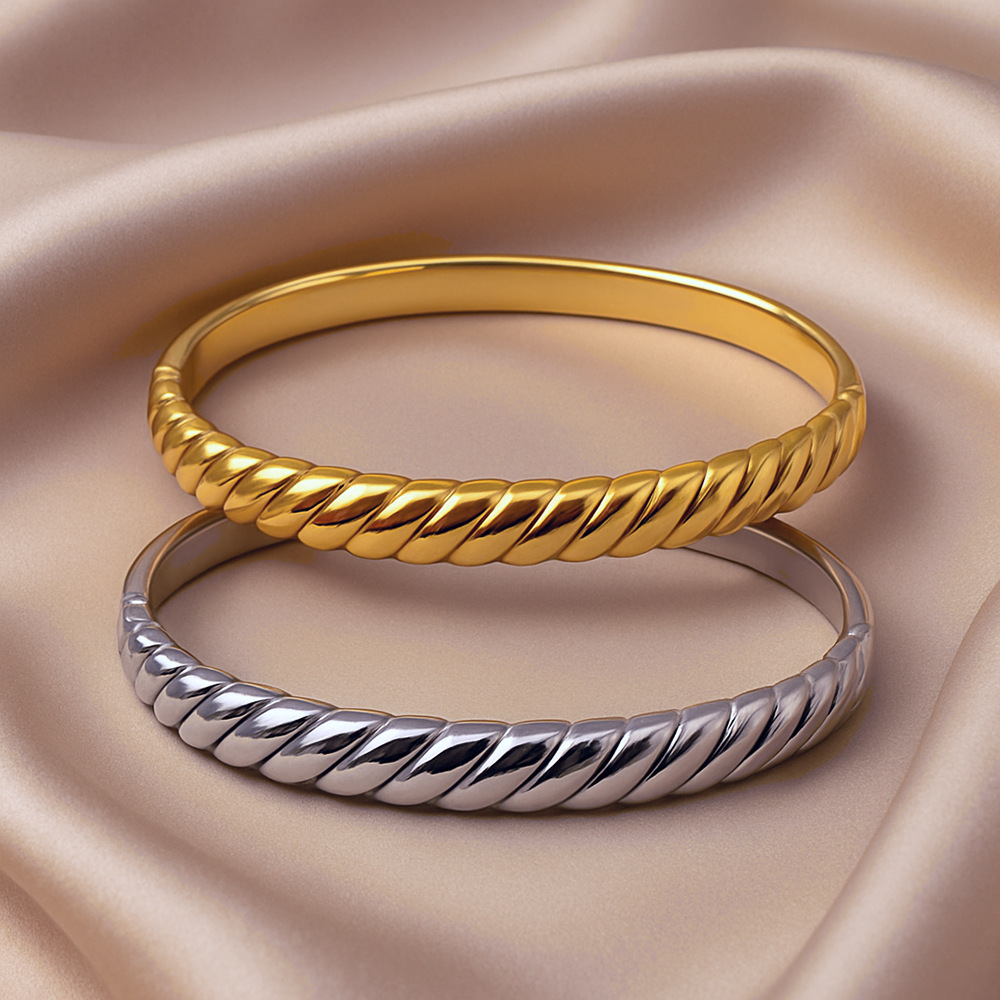 NVOXS欧美时尚简约金色螺纹不锈钢手镯女士日常佩戴