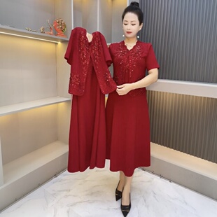 夏季短袖婚礼时尚妈妈礼服喜婆婆婚宴敬酒服旗袍裙套装两件套