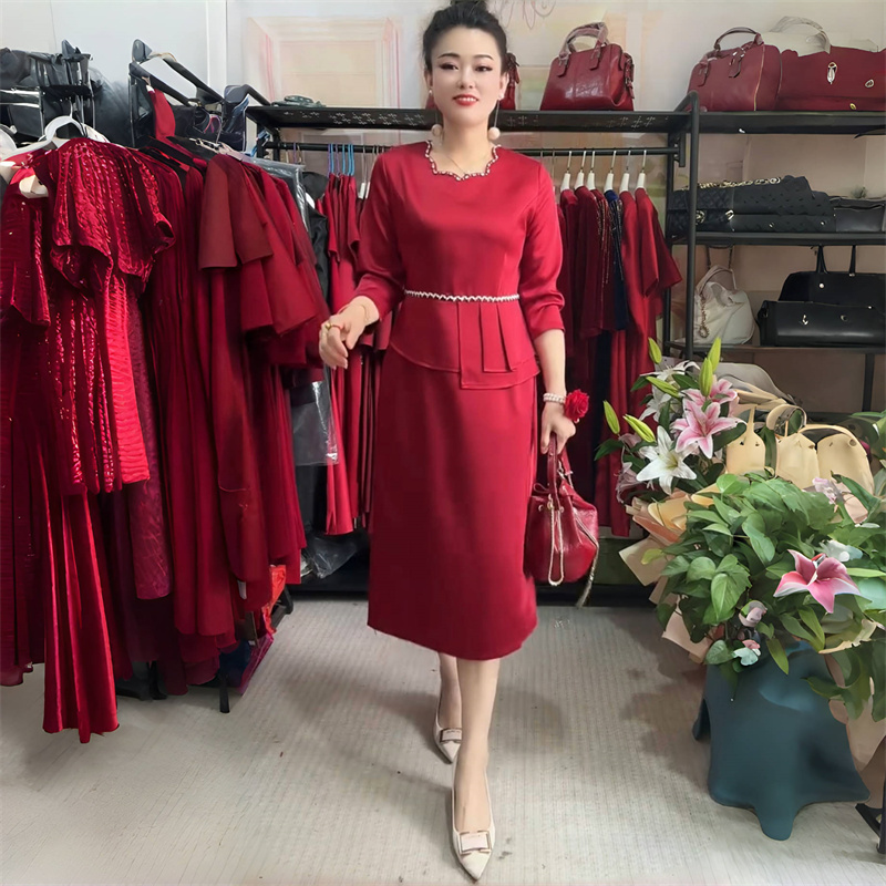 秋冬时尚气质妈妈假两件结婚礼服连衣裙醋酸高端喜婆婆婚宴长裙女