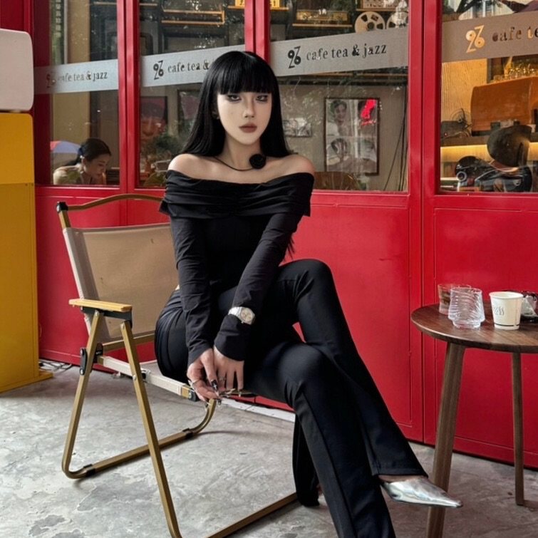 配花朵性感时髦一字领纱网翻领小衫鱼骨拼接修身套头露腰短上衣女