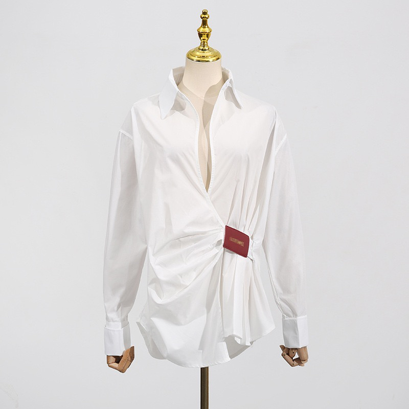 不对称法式休闲皮标中长款衬衫