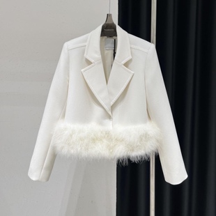 优雅名媛风立体加厚毛绒下摆拼接白色西装上衣气质简约西服短外套