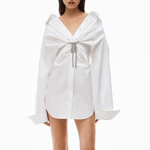 欧美风休闲简洁时尚长袖衬衫连衣裙宽松高腰褶子露肩中长款衬衣女