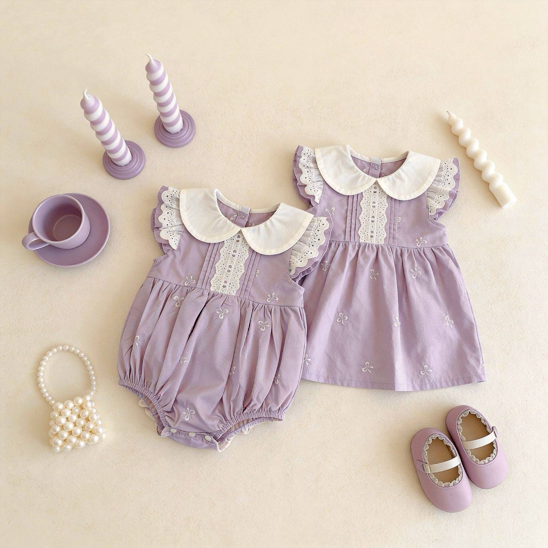 婴幼儿爬服夏季女宝宝衣服蝴蝶结绣花领短袖哈衣包屁连体衣外出服
