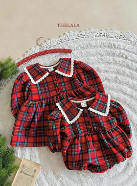 韩版新款婴幼童装女宝宝圣诞新年款红色格子连衣裙公主爬服包屁衣