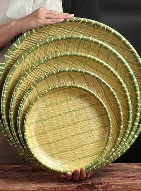 仿竹编密胺盘子圆形商用酒店餐厅小吃凉菜盘特色捞鸡鱼生摆盘大盘