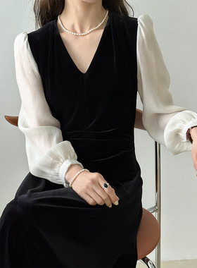 橘芷金丝绒港风复古拼接连衣裙春季气质V领中长款泡泡袖13726