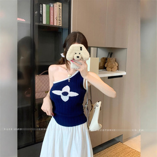 韩系纯欲风斜肩撞色图案针织上衣女夏季 单肩吊带 修身 显瘦无袖