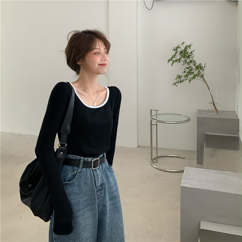 2023早秋新款修身长袖t恤女装锁骨内搭打底衫短款甜辣学生