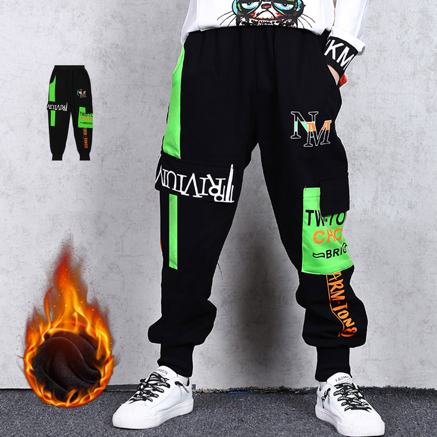 帅气儿童秋装男孩裤子潮牌工装裤时髦宽松口袋大童冬装加绒长裤男