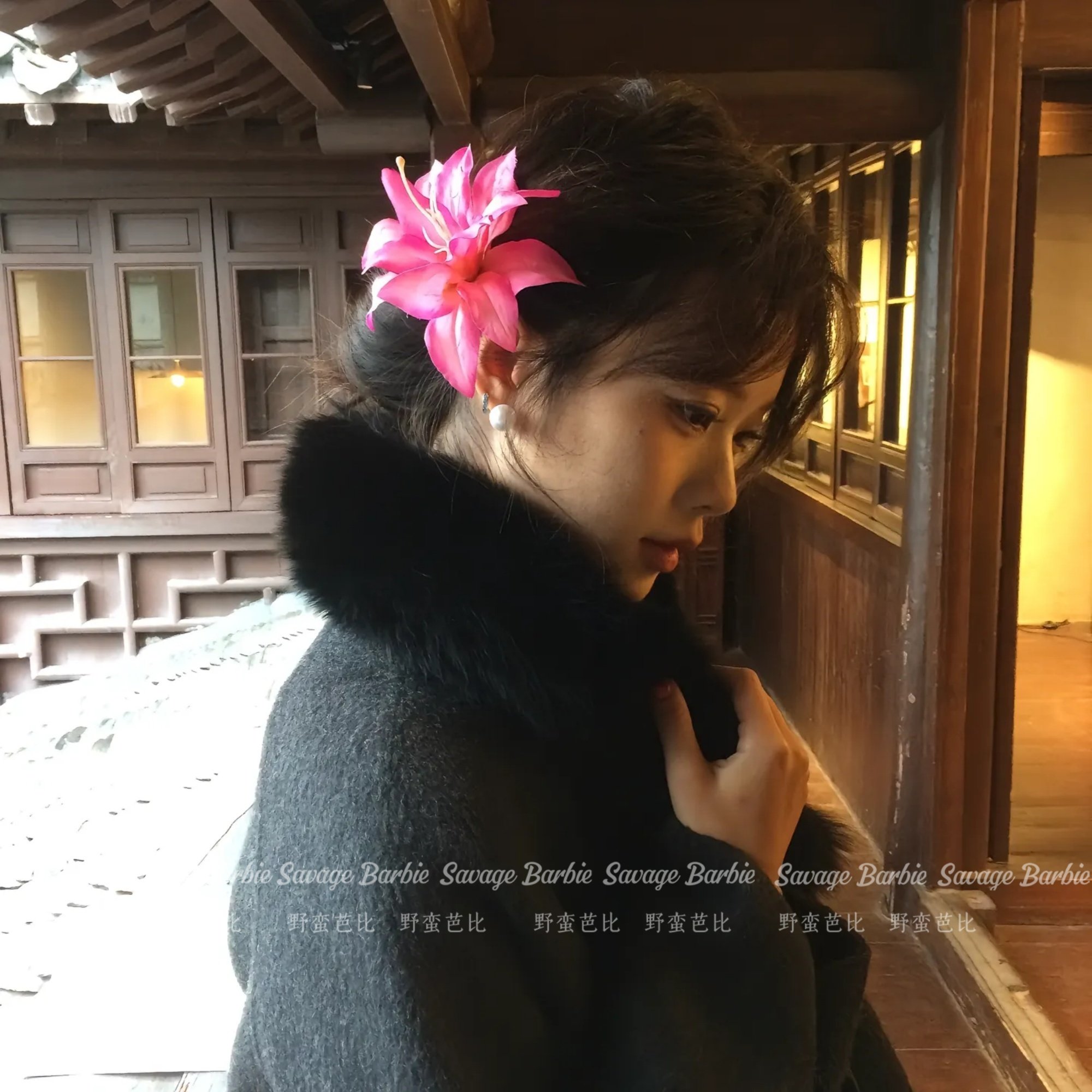 新中式复古纯欲百合花朵发夹超仙氛围感仿真花侧边夹汉服旗袍发饰