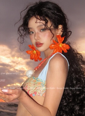 明媚感夸张橙色花朵耳钉波西米亚欧美高级感耳环小众设计感耳饰女