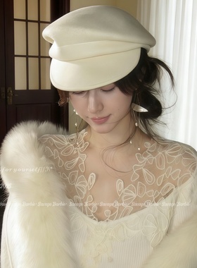 fever同款法式千金白色羊毛帽子高级感气质英伦风秋冬画家贝雷帽