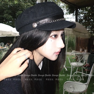 复古日系黑色链条报童帽轻熟潮酷辣妹英伦风平顶贝雷帽显脸小帽子