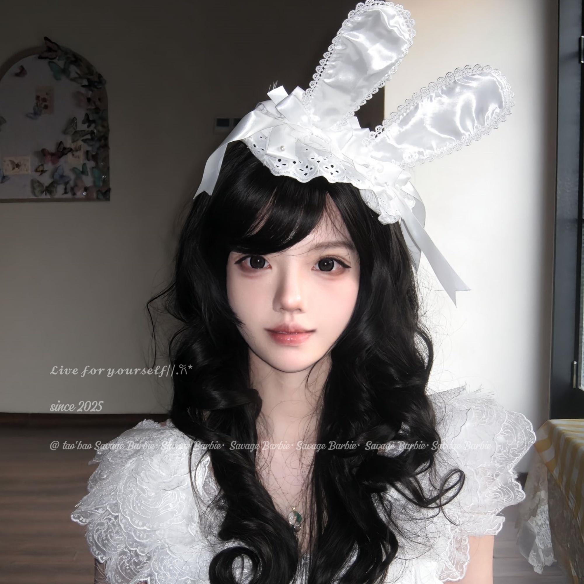 可爱甜美白色兔耳朵蝴蝶结发箍日系cos纯欲lolita洛丽塔蕾丝发饰